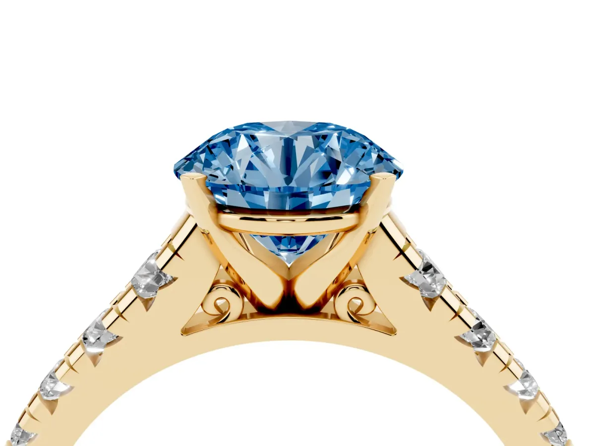 Fancy Blue Round Cut Diamond Cathedral Solitaire Ring with Round Pavé Band Yellow gold