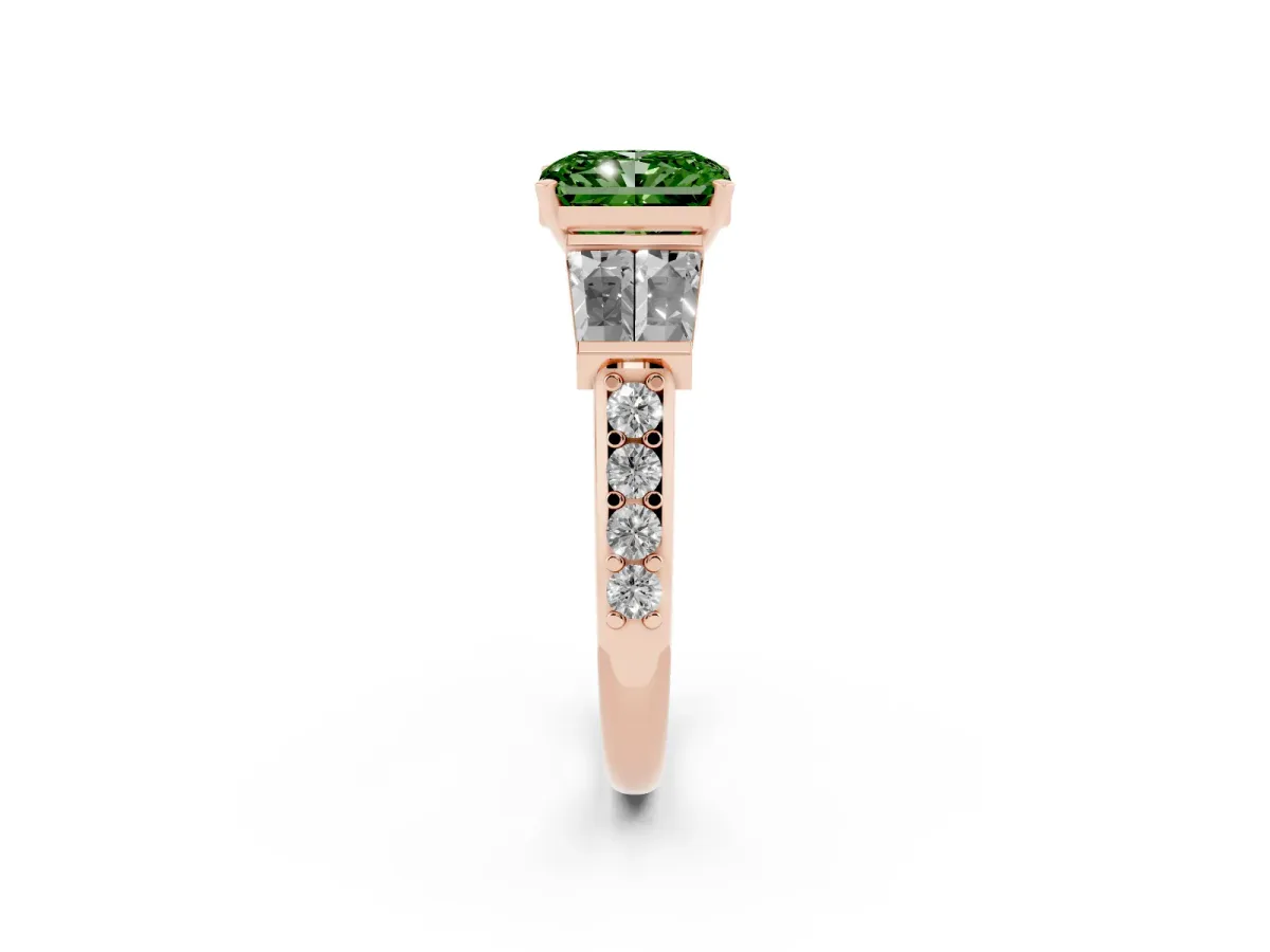 Fancy Green Radiant Cut Diamond Engagement Ring with Baguette Side Stones and Channel Set Band Rose gold