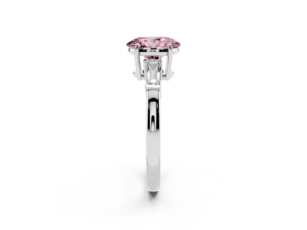 Fancy Pink Oval Cut Diamond Three-Stone Ring with Tapered Baguette Side Stones and Prong Setting Platinum