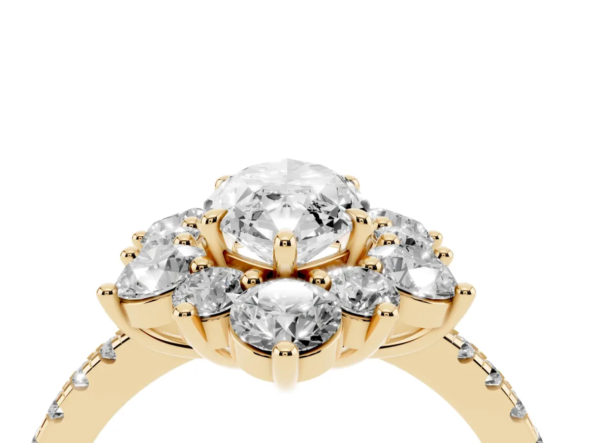 Marquise Cut Diamond Floral Halo Ring with Round Pavé Band and Prong Setting Yellow gold