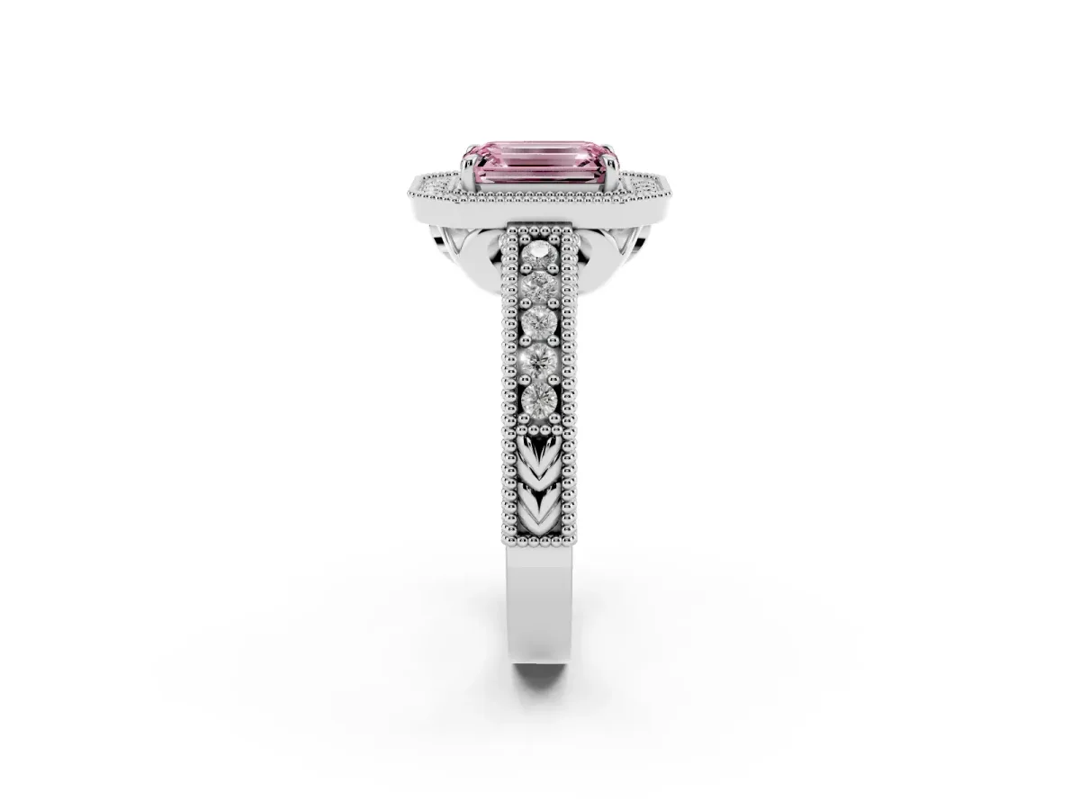 Fancy Pink Emerald Cut Cut Halo Diamond Ring with Pavé Band and Four-Prong Setting Platinum