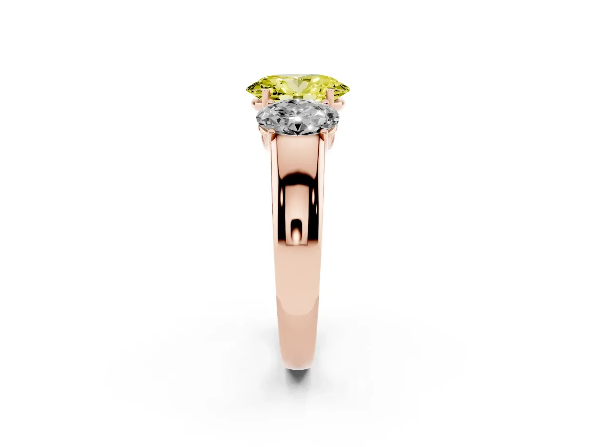 Fancy Yellow Three-Stone Oval Cut Cut Diamond Ring with Prong Setting and Classic Band Rose gold