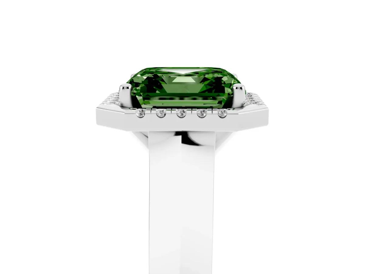 Fancy Green Asscher Cut Halo Diamond Ring with Cathedral Band and Four-Prong Setting White gold