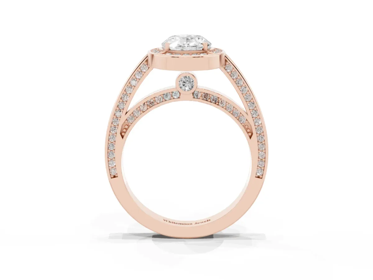 Oval Cut Cut Halo Pave Split Shank Prong Setting Ring Rose gold