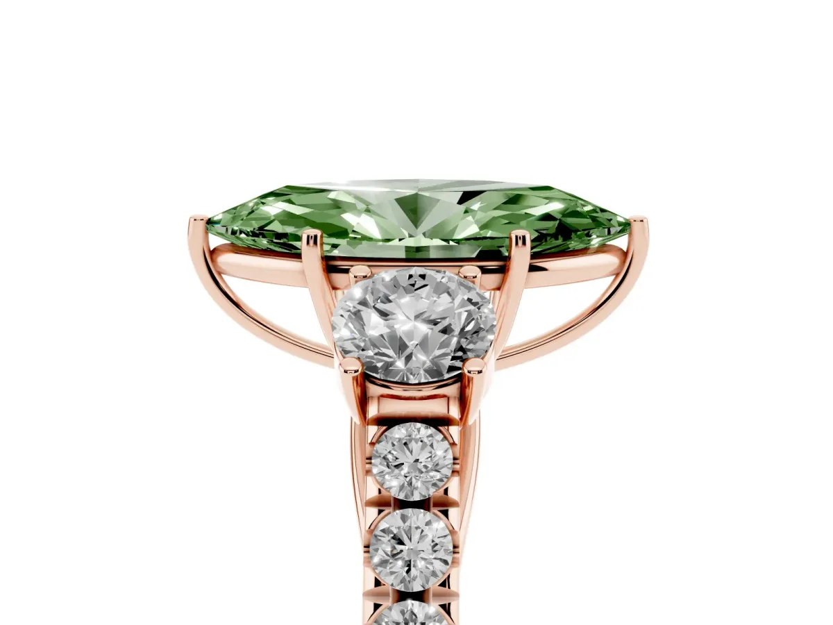 Fancy Green Marquise Cut Cut Diamond Three-Stone Ring with Round Side Stones and Pavé Band Rose gold