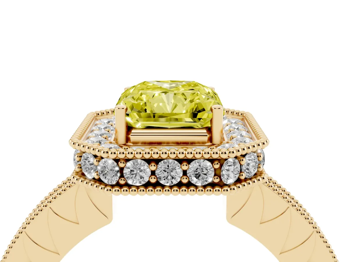 Fancy Yellow Radiant Cut Diamond Milgrain Halo Engagement Ring with Round Pavé Band and Prong Setting Yellow gold