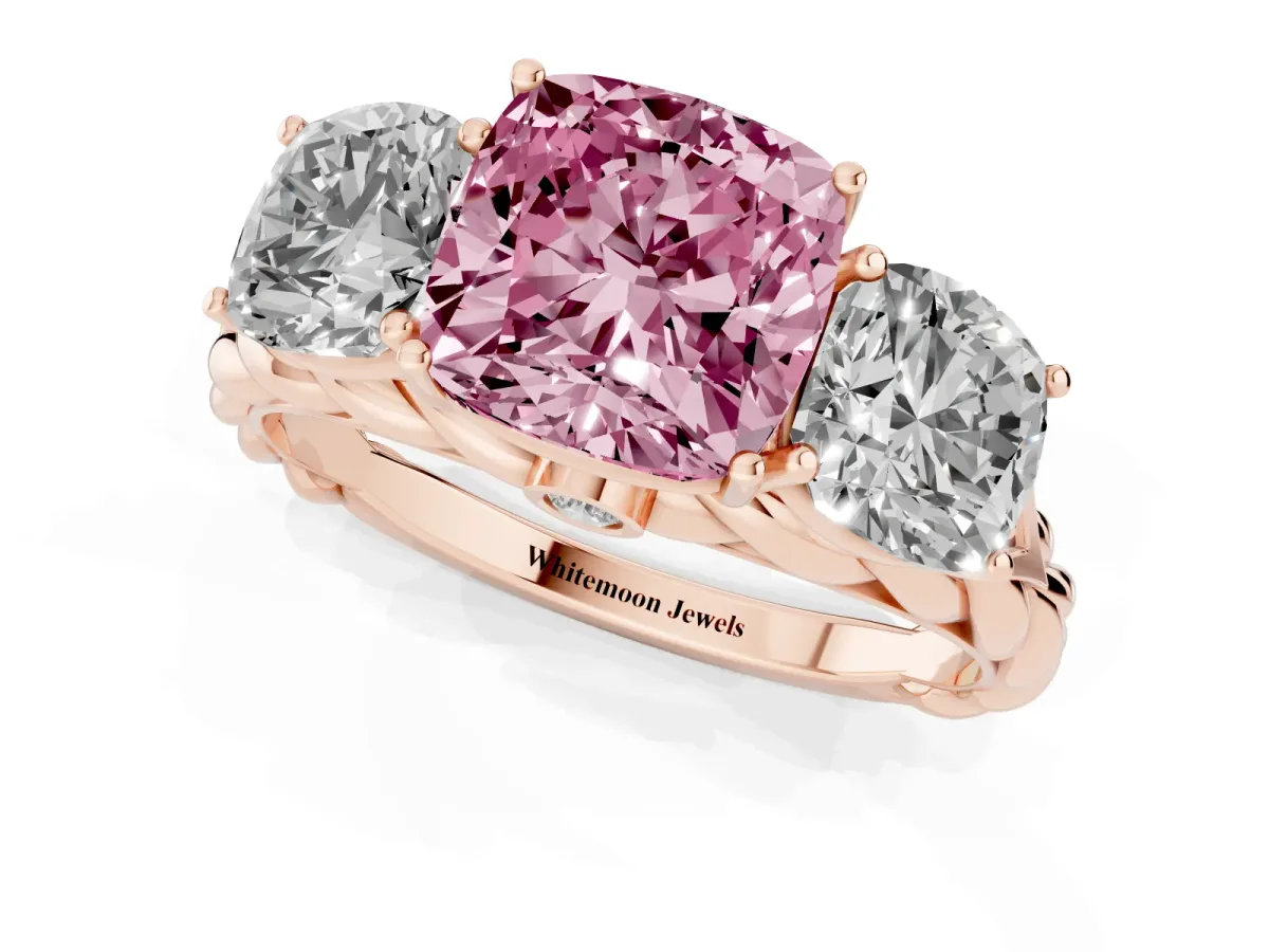 Fancy Pink Three-Stone Cushion Cut Diamond Braided Band Ring with Four-Prong Setting Rose gold