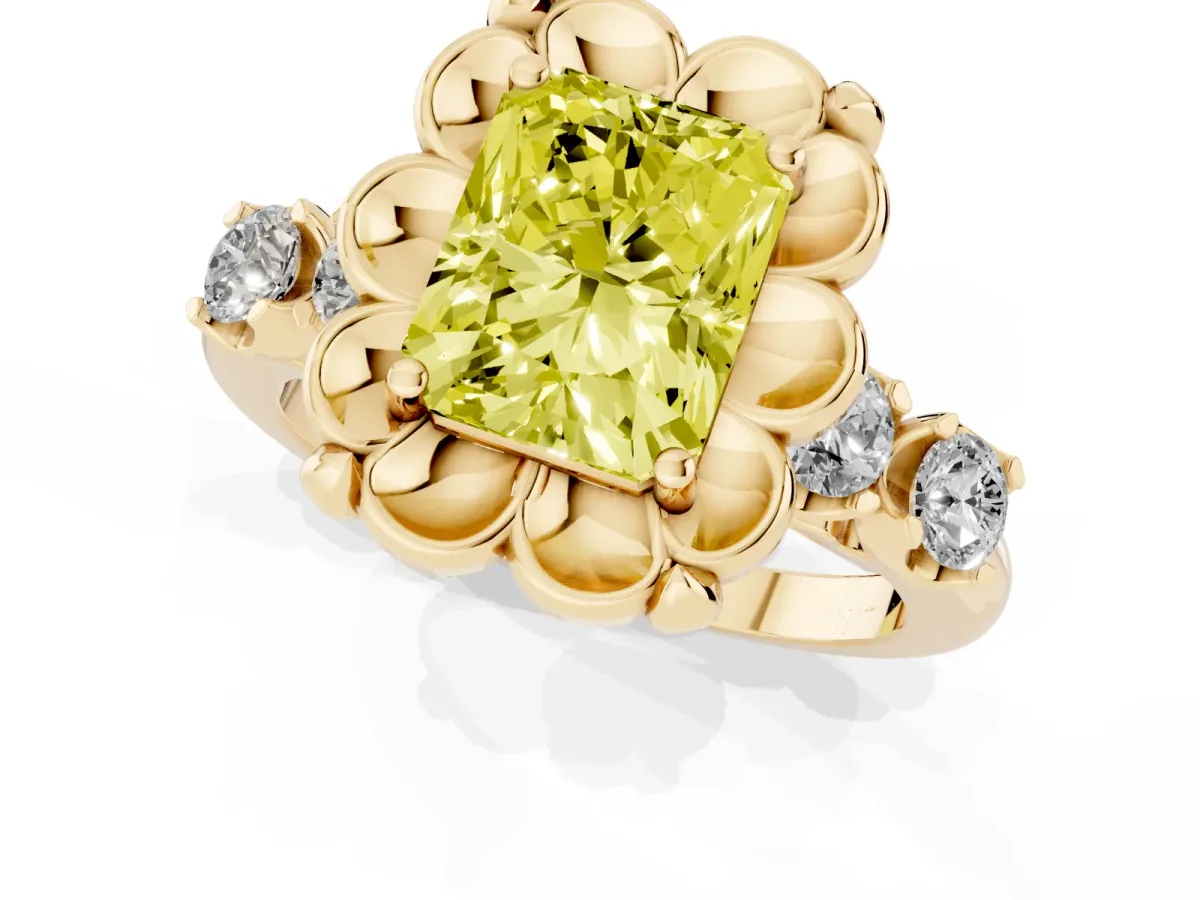 Fancy Yellow Radiant Cut Cut Diamond Floral Halo Engagement Ring with Shared Prong Setting Yellow gold