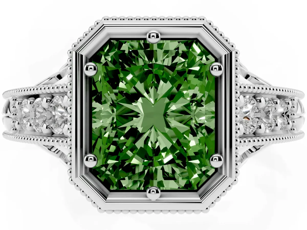 Fancy Green Bezel Set Radiant Cut Diamond Milgrain Pave Engagement Ring Silver