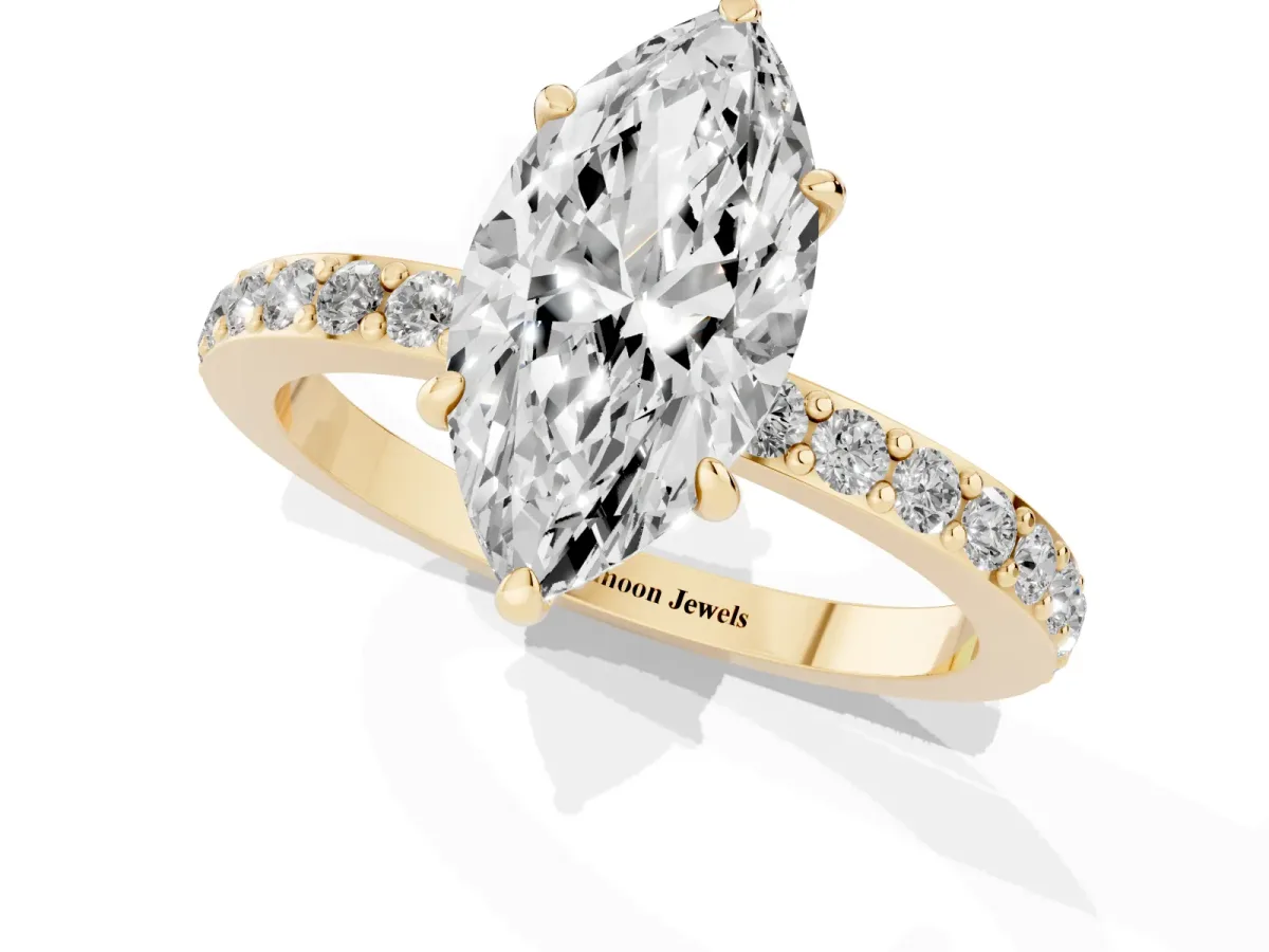 Marquise Cut Diamond Pavé Engagement Ring with Round Accents and Prong Setting Yellow gold