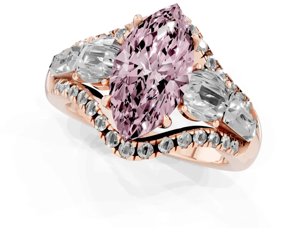 Fancy Pink Three-Stone Marquise Cut Diamond Engagement Ring with Pave Band and Prong Setting Rose gold