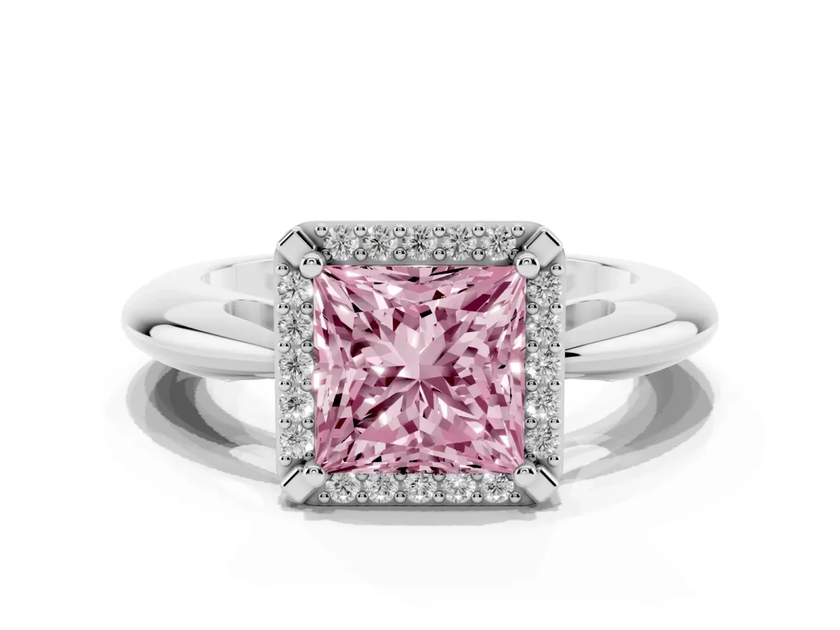 Fancy Pink Princess Cut Cut Diamond Halo Engagement Ring with Split Shank and Four-Prong Setting Silver