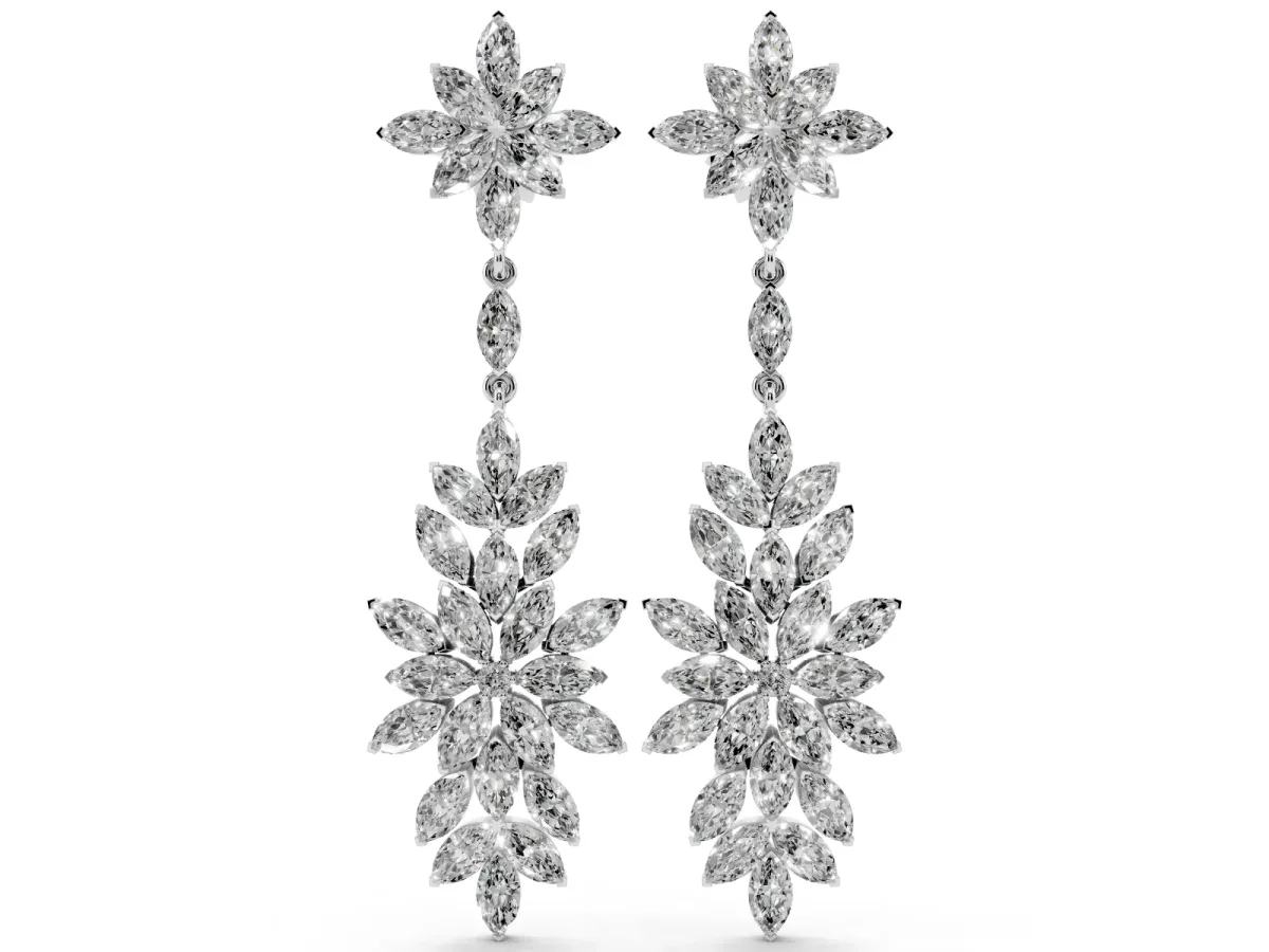 Marquise Diamond Floral Dangle Earrings Silver