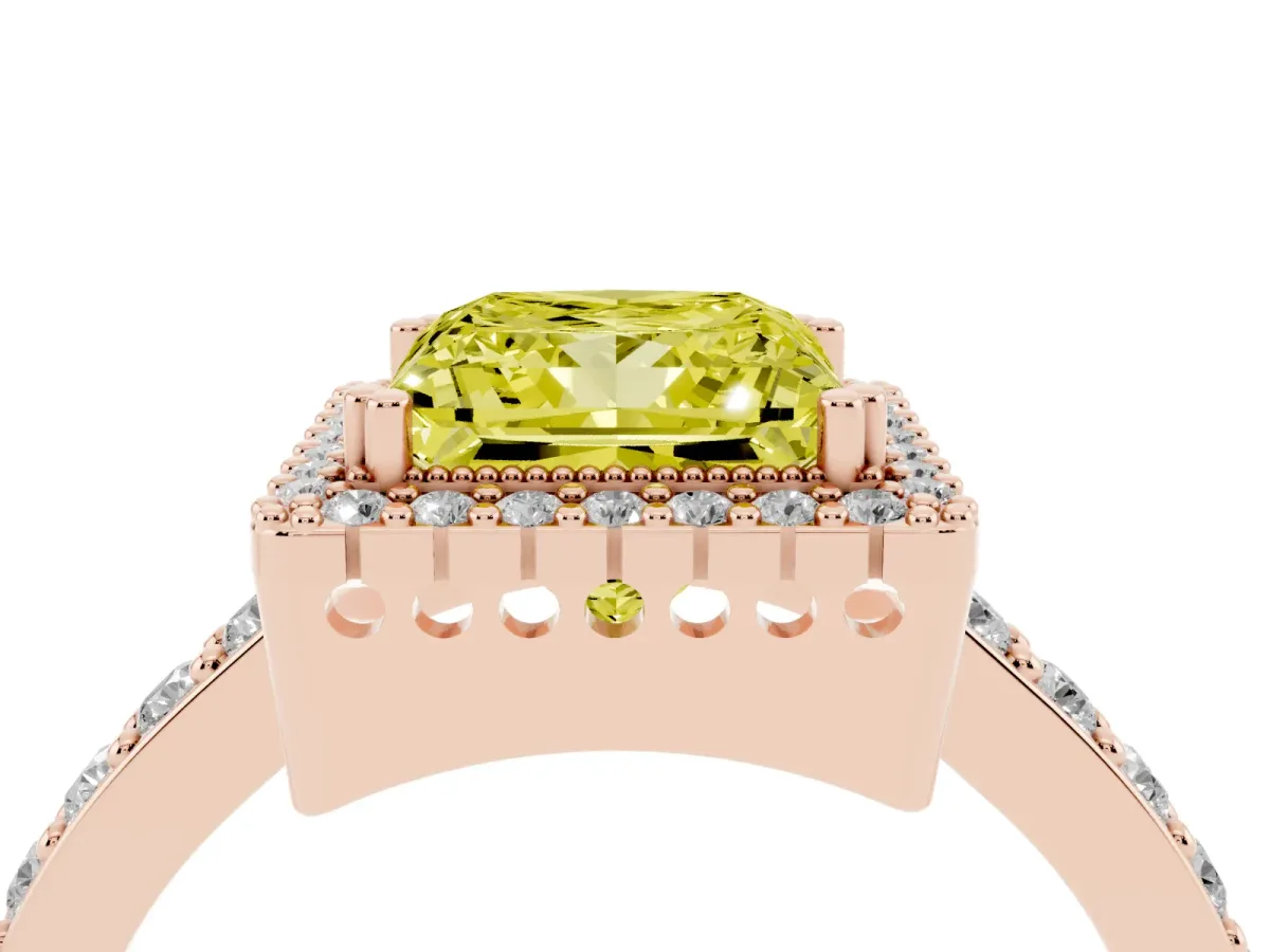 Fancy Yellow Princess Cut Cut Diamond Halo Engagement Ring with Milgrain Detail and Pavé Band Rose gold