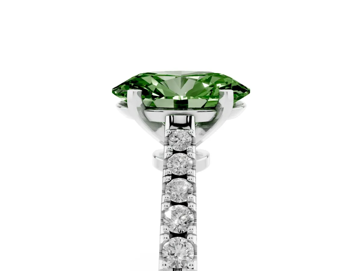 Fancy Green Oval Cut Cut Solitaire Diamond Engagement Ring with Pave Band and Four-Prong Setting Platinum