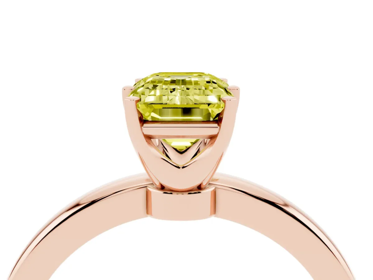 Fancy Yellow Emerald Cut Solitaire Diamond Ring with Six-Prong Setting on a Classic Band Rose gold