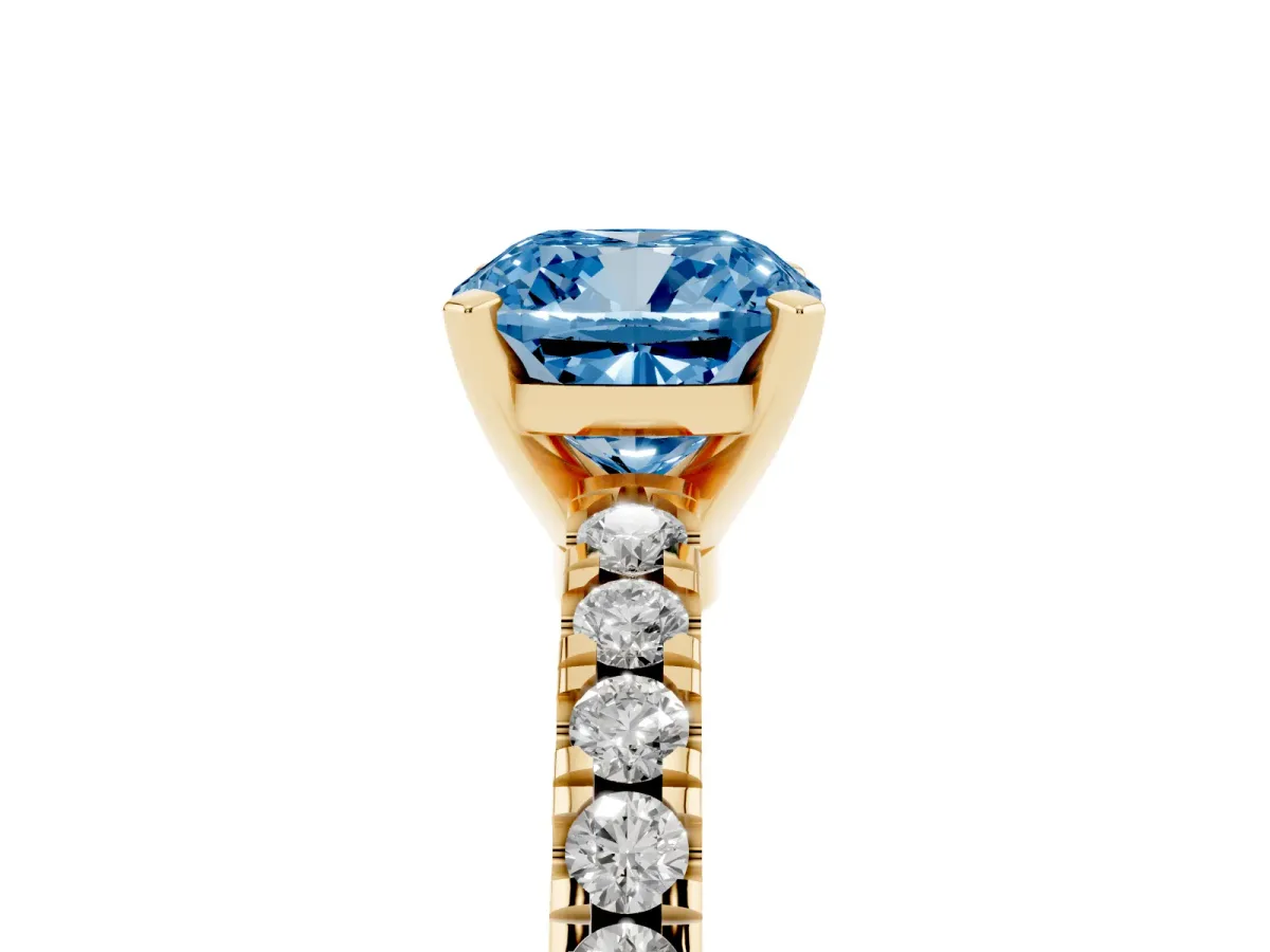Fancy Blue Cushion Cut Solitaire Diamond with Pavé Band and Four-Prong Setting Yellow gold