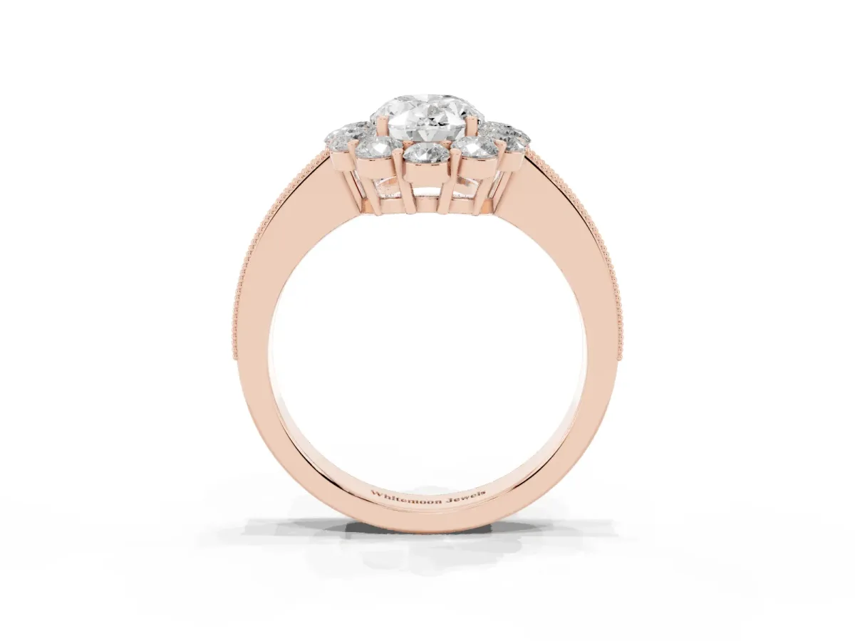 Oval Cut Cut Halo Diamond Pavé Engagement Ring with Milgrain Detailing Rose gold