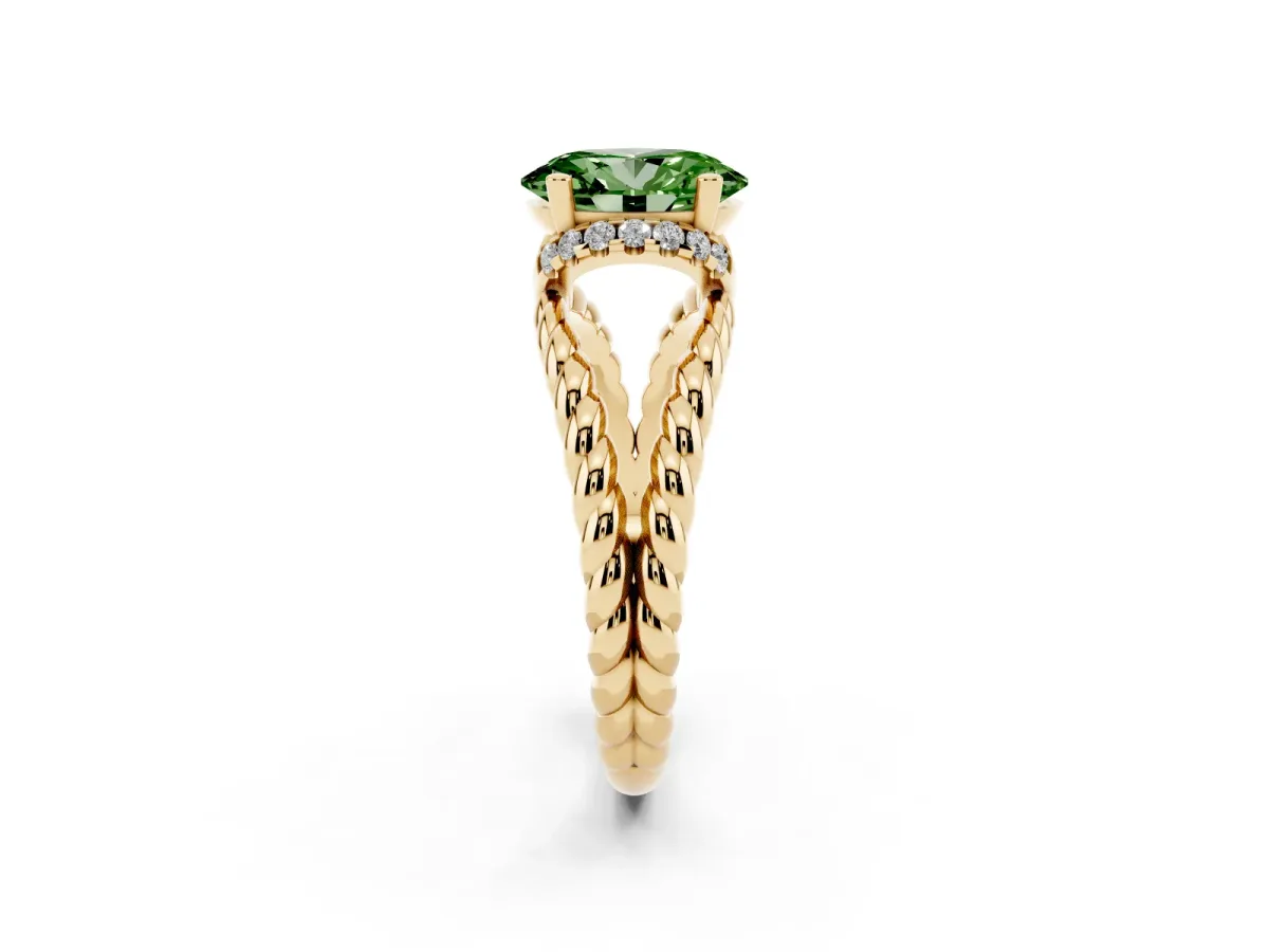 Fancy Green Oval Cut Halo Twisted Band Four-Prong Ring Yellow gold