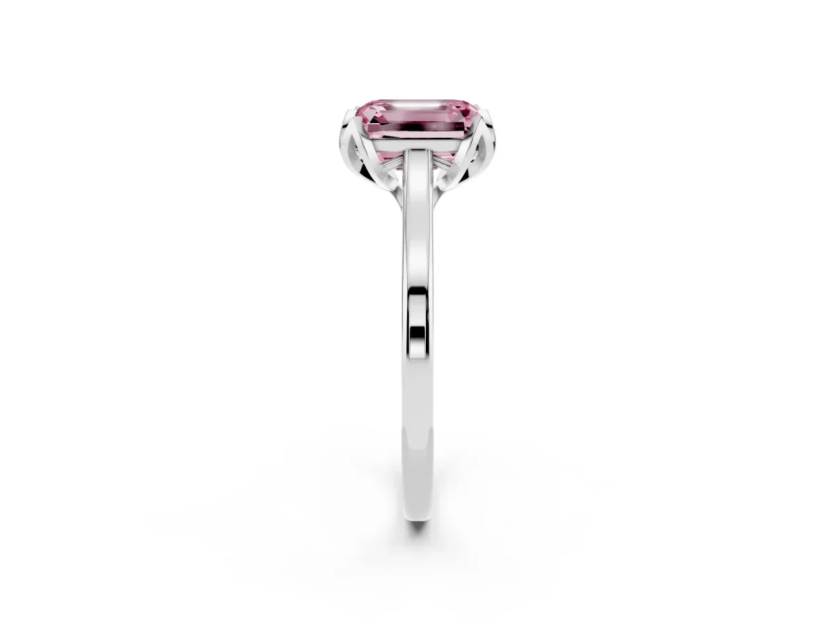 Fancy Pink Emerald Cut Diamond Solitaire Ring with Flower Prong Setting and Classic Band Silver