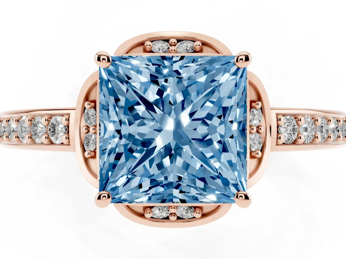 Fancy Blue Princess Cut Cut Halo Diamond Ring with Channel Set Band and Four-Prong Setting Rose gold