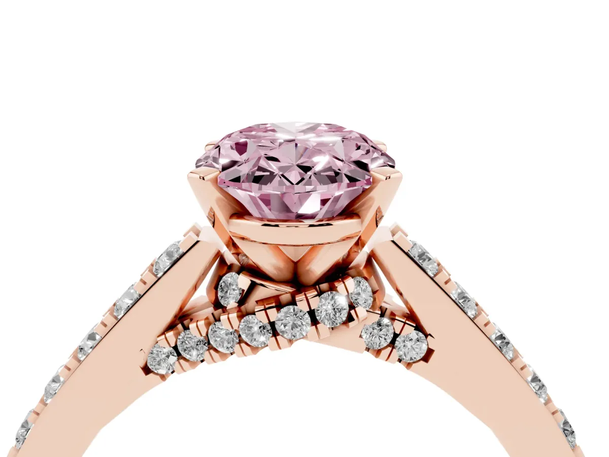 Fancy Pink Oval Cut Diamond Solitaire Ring with Crossover Gallery and Round Pavé Band Rose gold