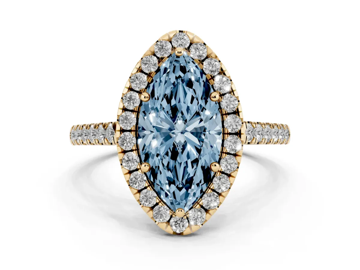 Fancy Blue Marquise Cut Halo Pavé Diamond Engagement Ring with Four-Prong Setting Yellow gold