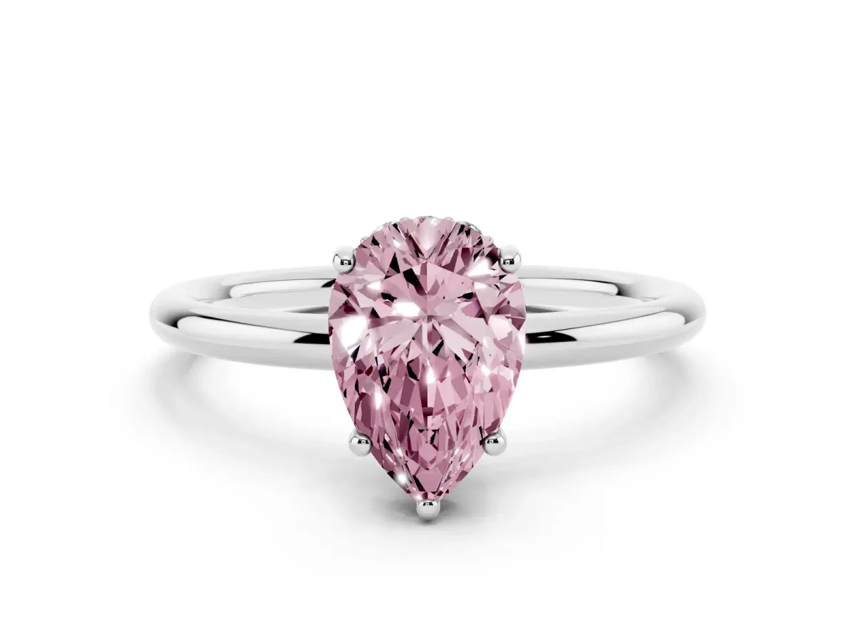 Fancy Pink Pear Cut Solitaire Diamond Ring with a Classic Band and Four-Prong Setting Silver
