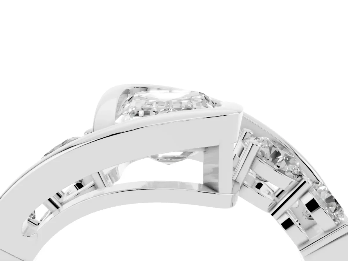 Bezel Set Emerald Cut Diamond Bypass Ring with Round Accents Silver