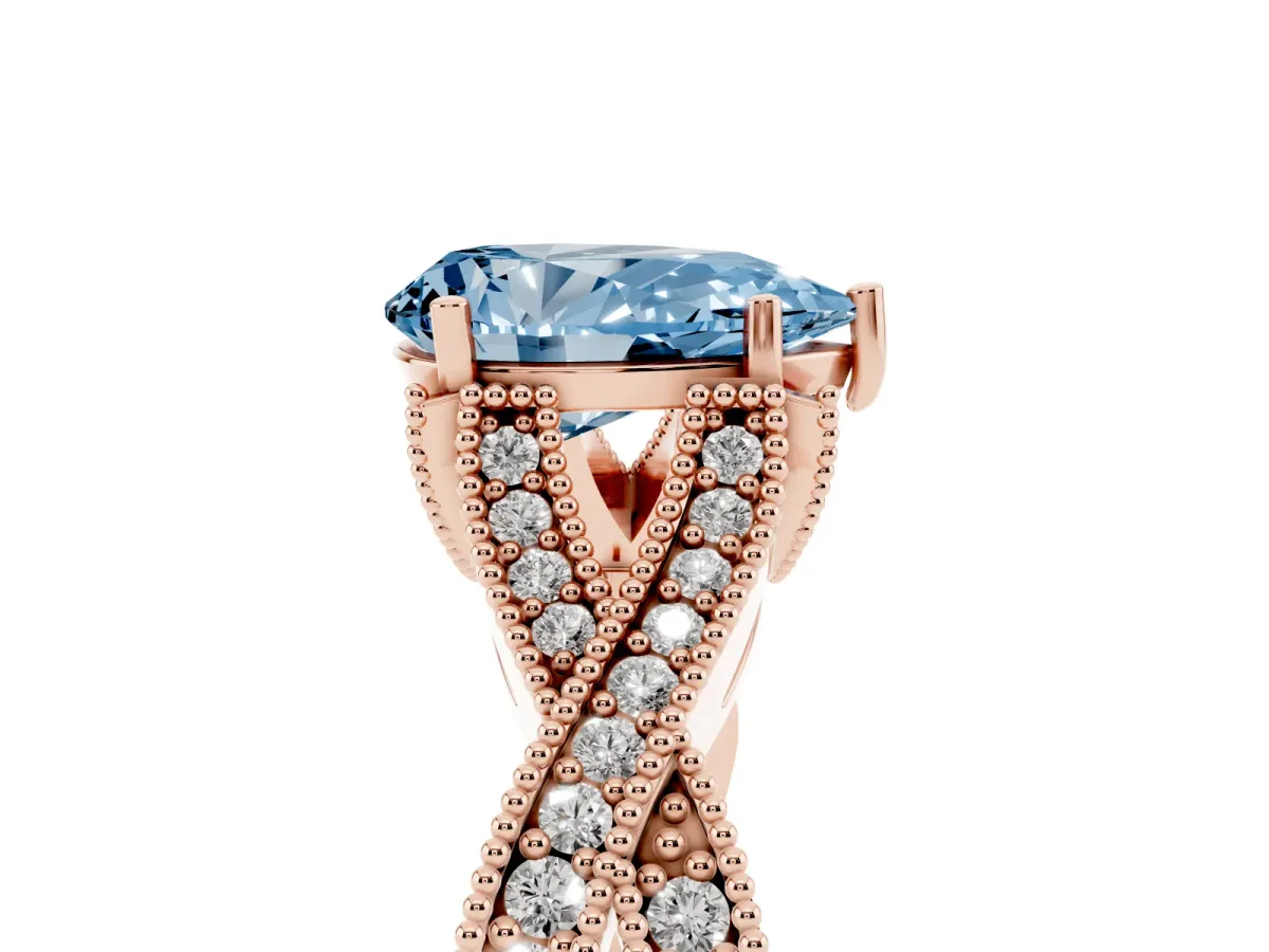 Fancy Blue Pear Cut Cut Diamond Twisted Band with Milgrain Pave Setting and Four-Prong Setting Rose gold
