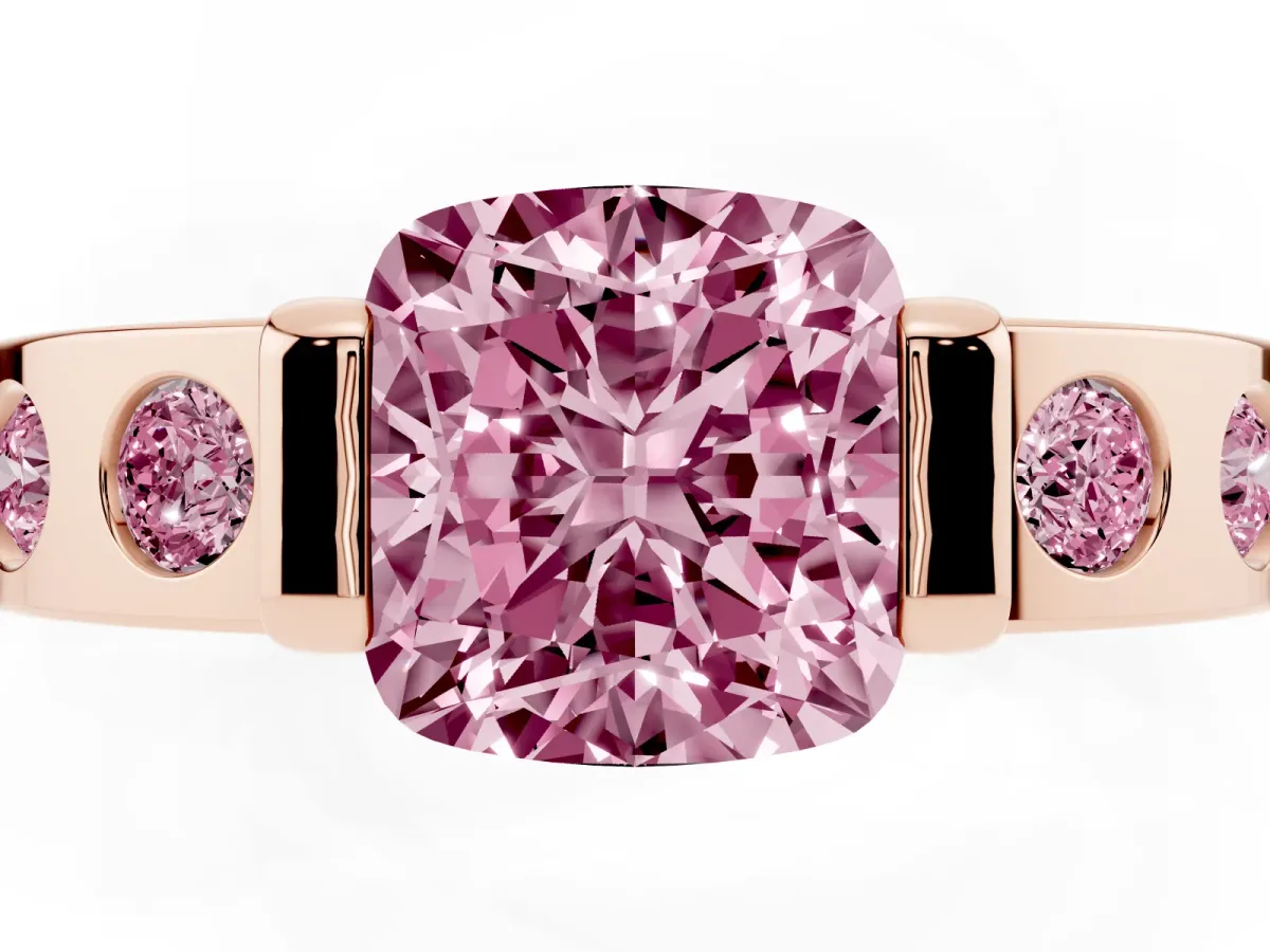 Fancy Pink Cushion Cut Brilliant Channel-Set Diamond Ring with Bezel Prong Setting Rose gold