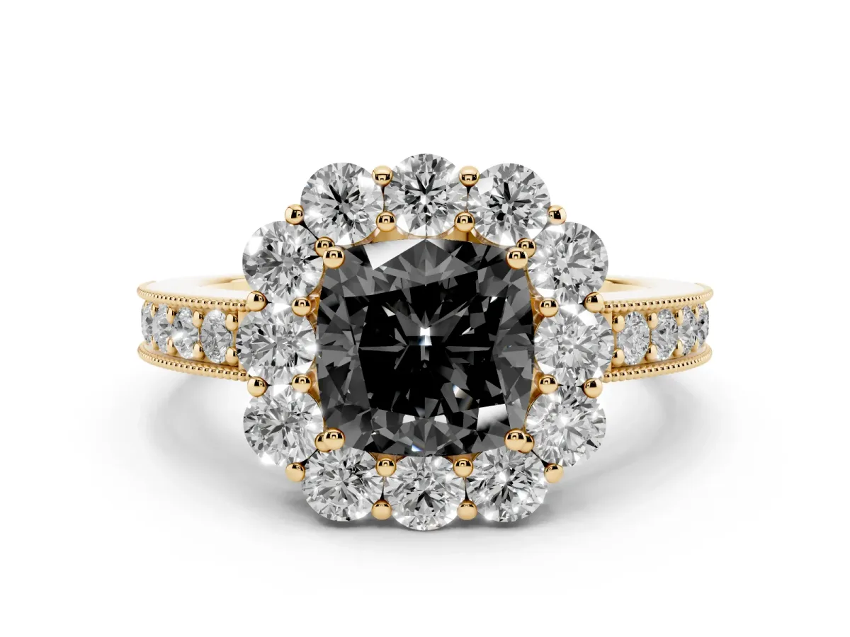 Fancy Black Cushion Cut Cut Halo Diamond Pavé Engagement Ring with Milgrain Detailing Yellow gold