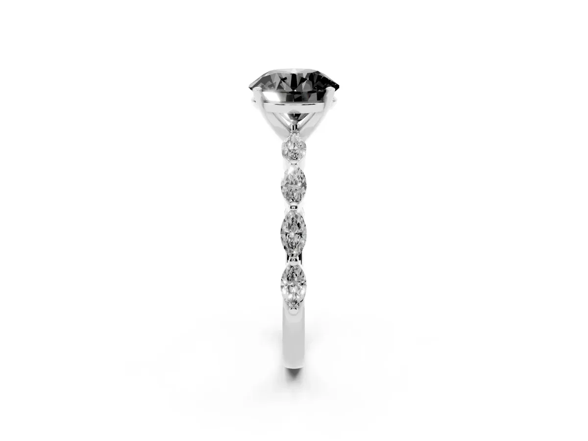 Fancy Black Round Cut Diamond Ring with Marquise Side Stones and Prong Setting Silver