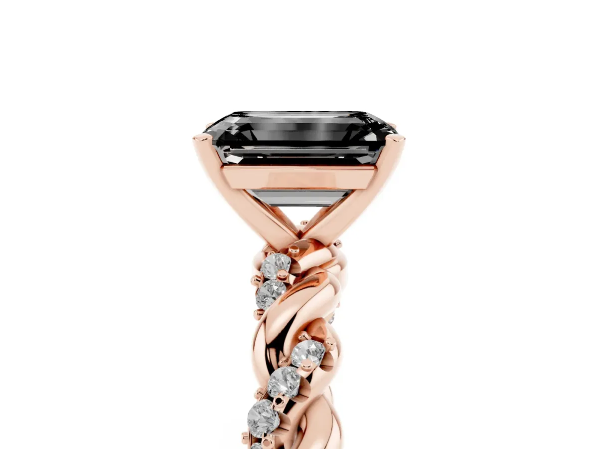 Fancy Black Emerald Cut Diamond Solitaire Ring with Twisted Band and Pavé Accents Rose gold