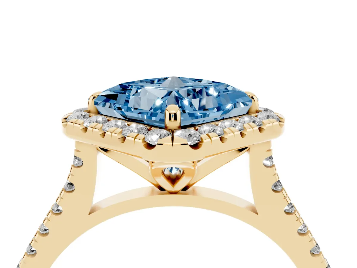 Fancy Blue Princess Cut Diamond Cushion Halo Ring with Pavé Band Yellow gold