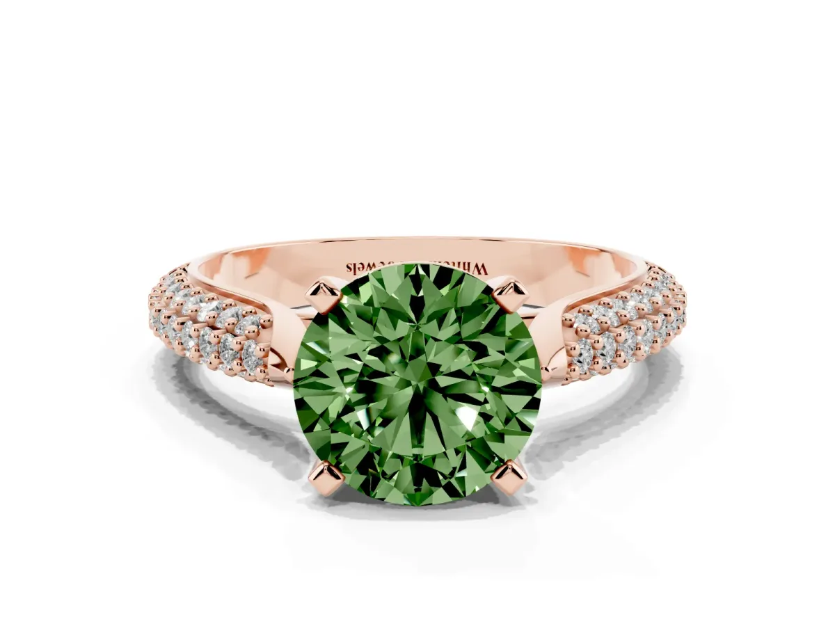 Fancy Green Round Cut Diamond Solitaire Engagement Ring with Multi-Row Round Pavé Band and Prong Setting Rose gold