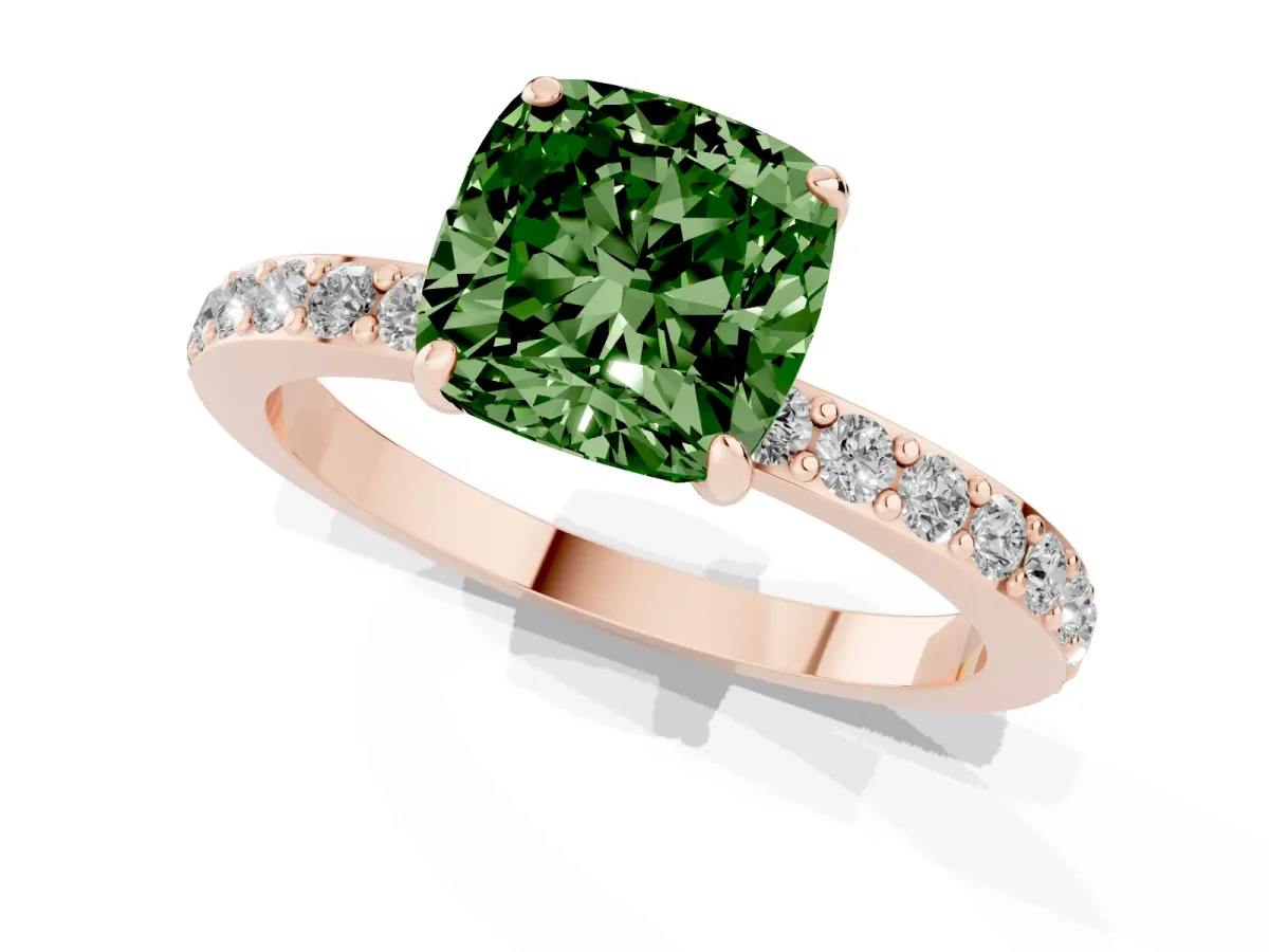 Fancy Green Cushion Cut Diamond Solitaire Engagement Ring with Pavé Band and Four-Prong Setting Rose gold