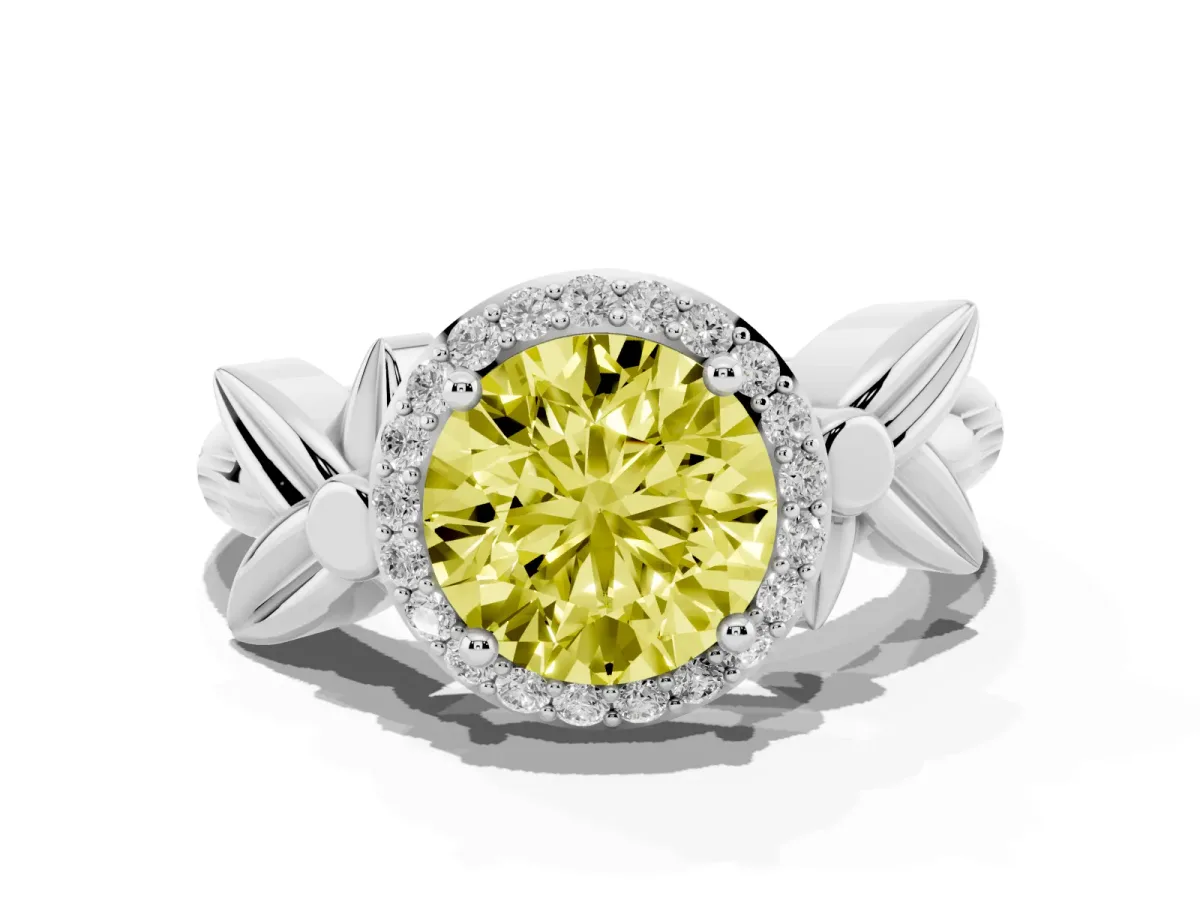 Fancy Yellow Round Cut Halo Diamond Floral Band with Four-Prong Setting White gold