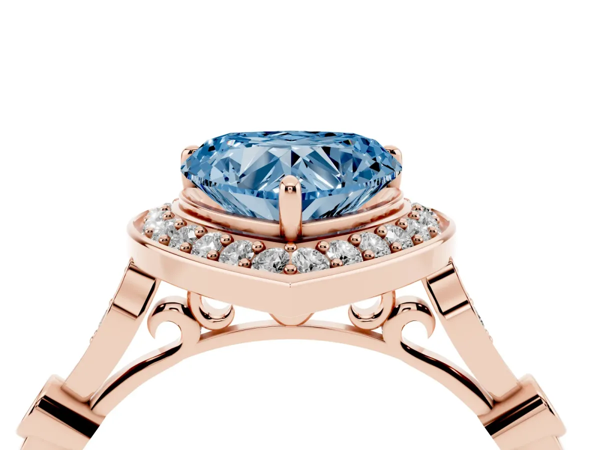 Fancy Blue Heart Cut Halo Diamond Engagement Ring with Twisted Band and Four-Prong Setting Rose gold