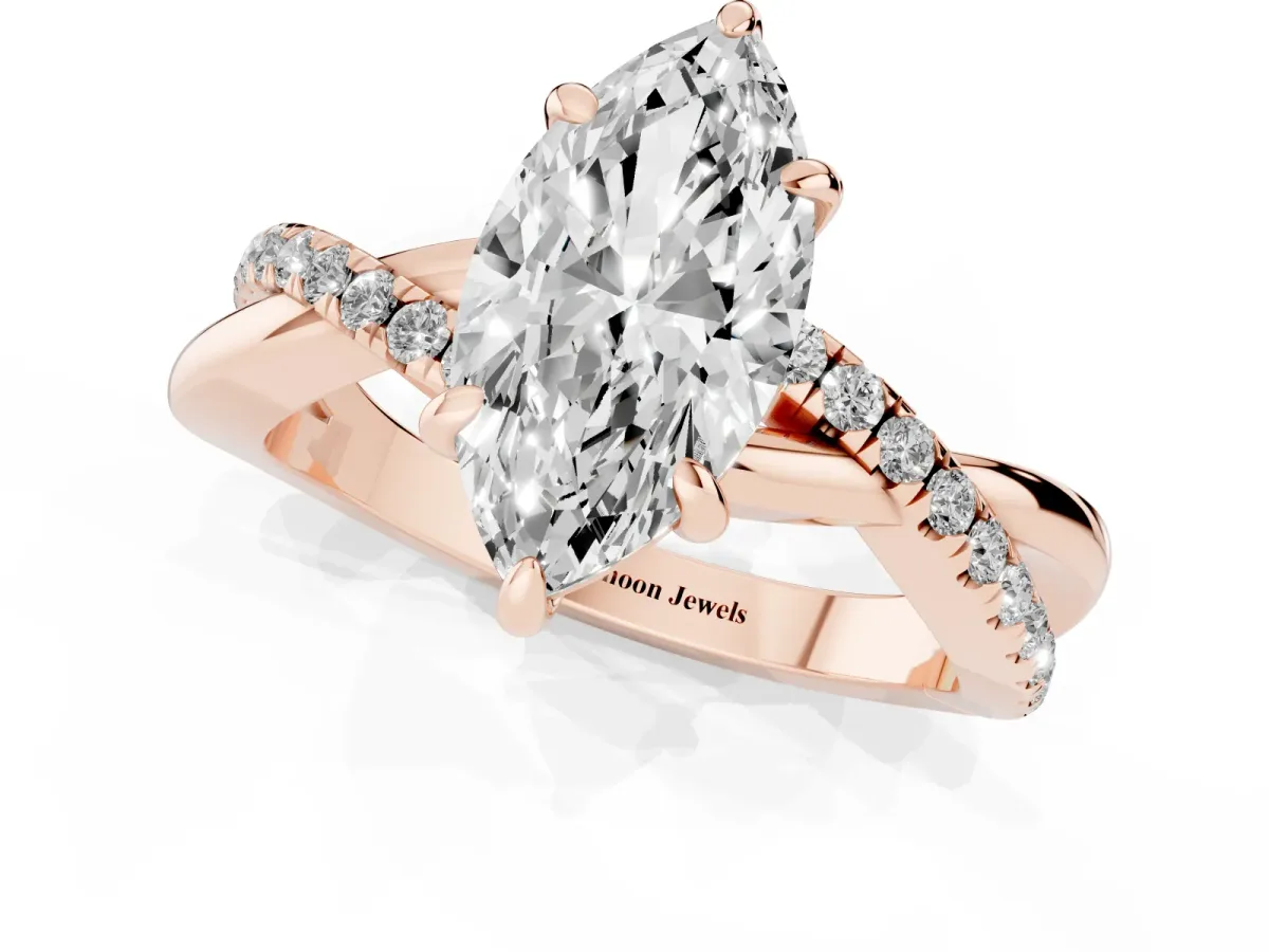 Marquise Cut Cut Diamond Twist Band Solitaire with Prong Setting Rose gold
