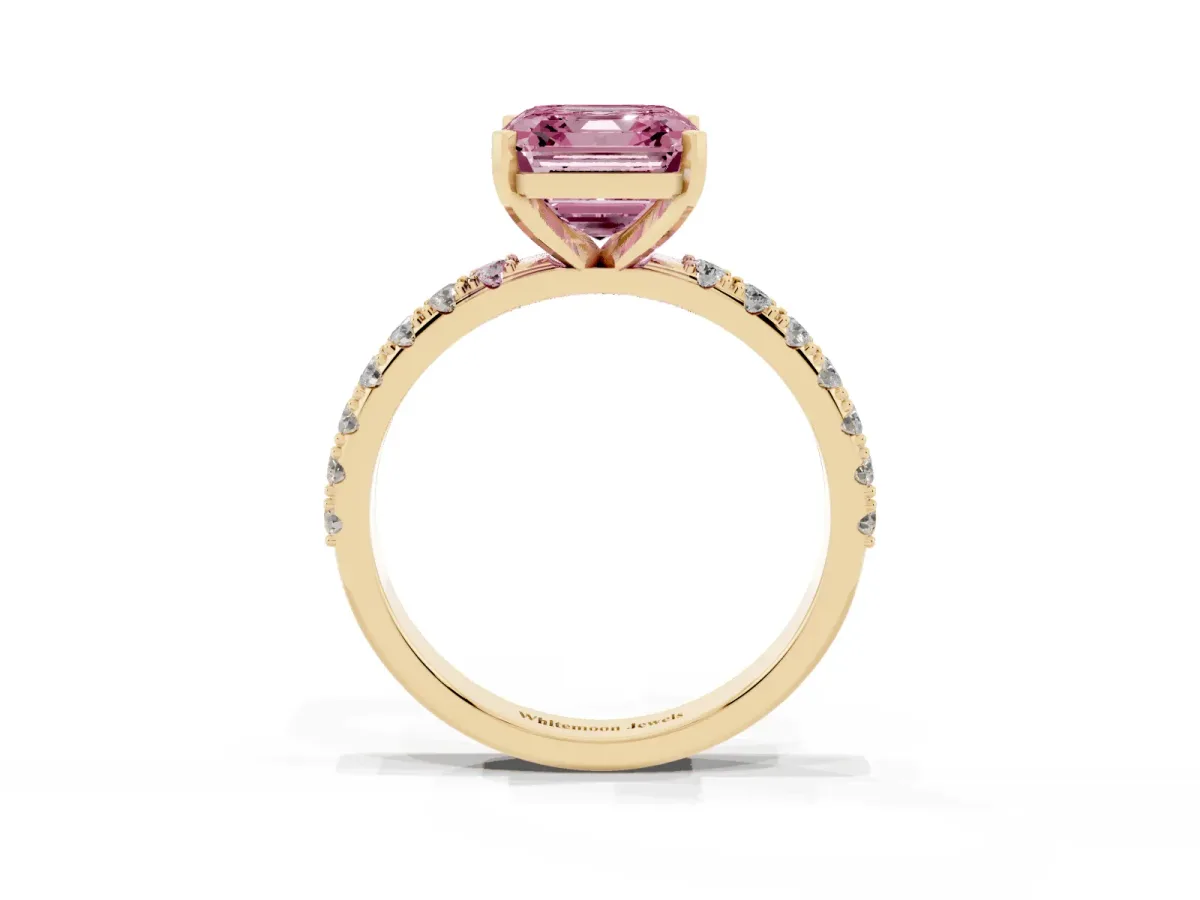 Fancy Pink Asscher Cut Diamond Solitaire Pavé Band with Four-Prong Setting Yellow gold