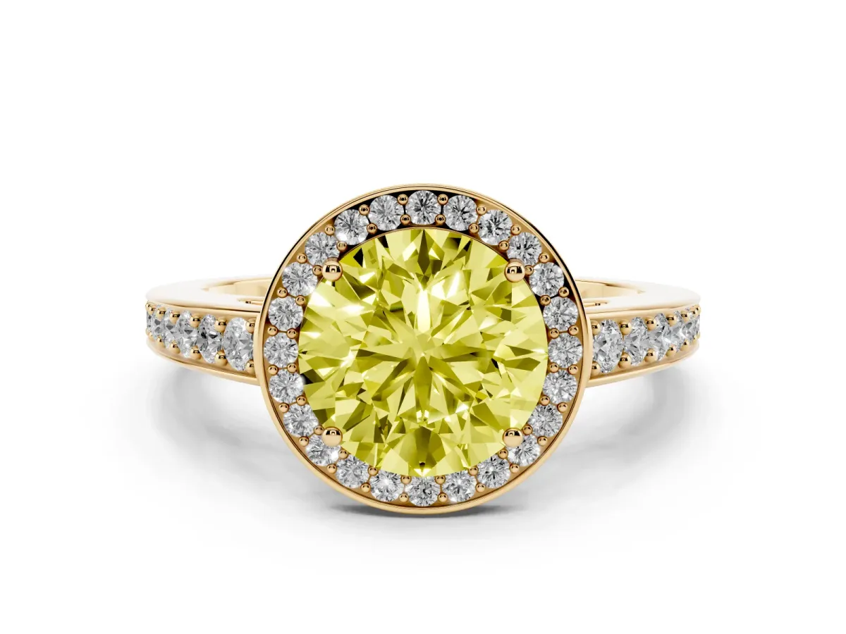 Fancy Yellow Round Cut Halo Pavé Diamond Engagement Ring with Bezel Setting Yellow gold