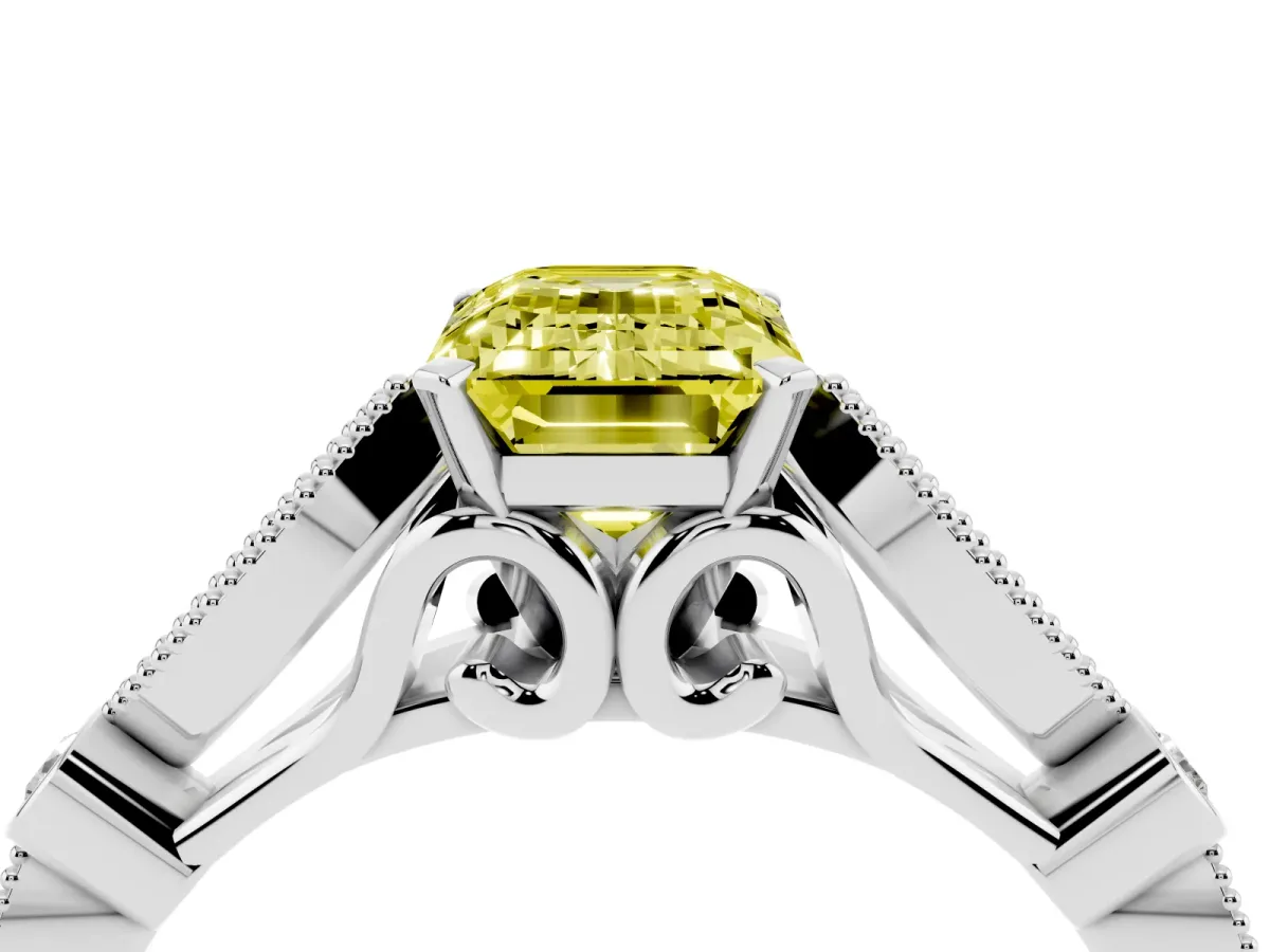 Fancy Yellow Emerald Cut Cut Diamond with Milgrain Marquise and Bezel Accents on a Solitaire Band with Prong Setting Platinum