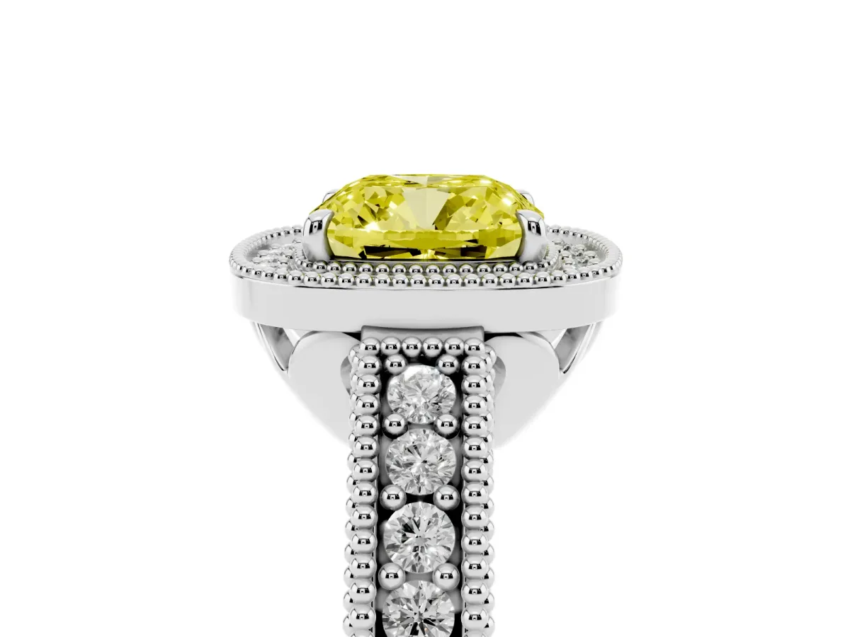 Fancy Yellow Cushion Cut Cut Halo Diamond Ring with Pavé Band and Four-Prong Setting White gold