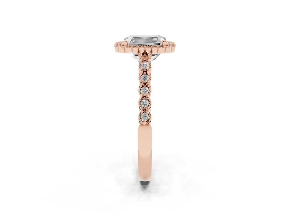 Radiant Cut Cut Halo Pavé Solitaire Ring with Milgrain Band Rose gold
