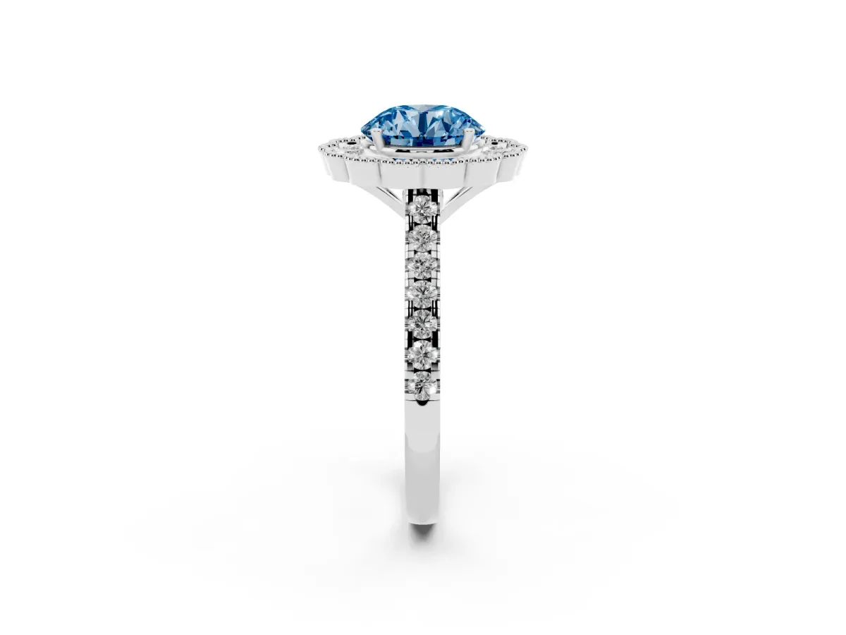Fancy Blue Round Cut Cut Diamond Milgrain Floral Halo Engagement Ring with Pavé Band Silver