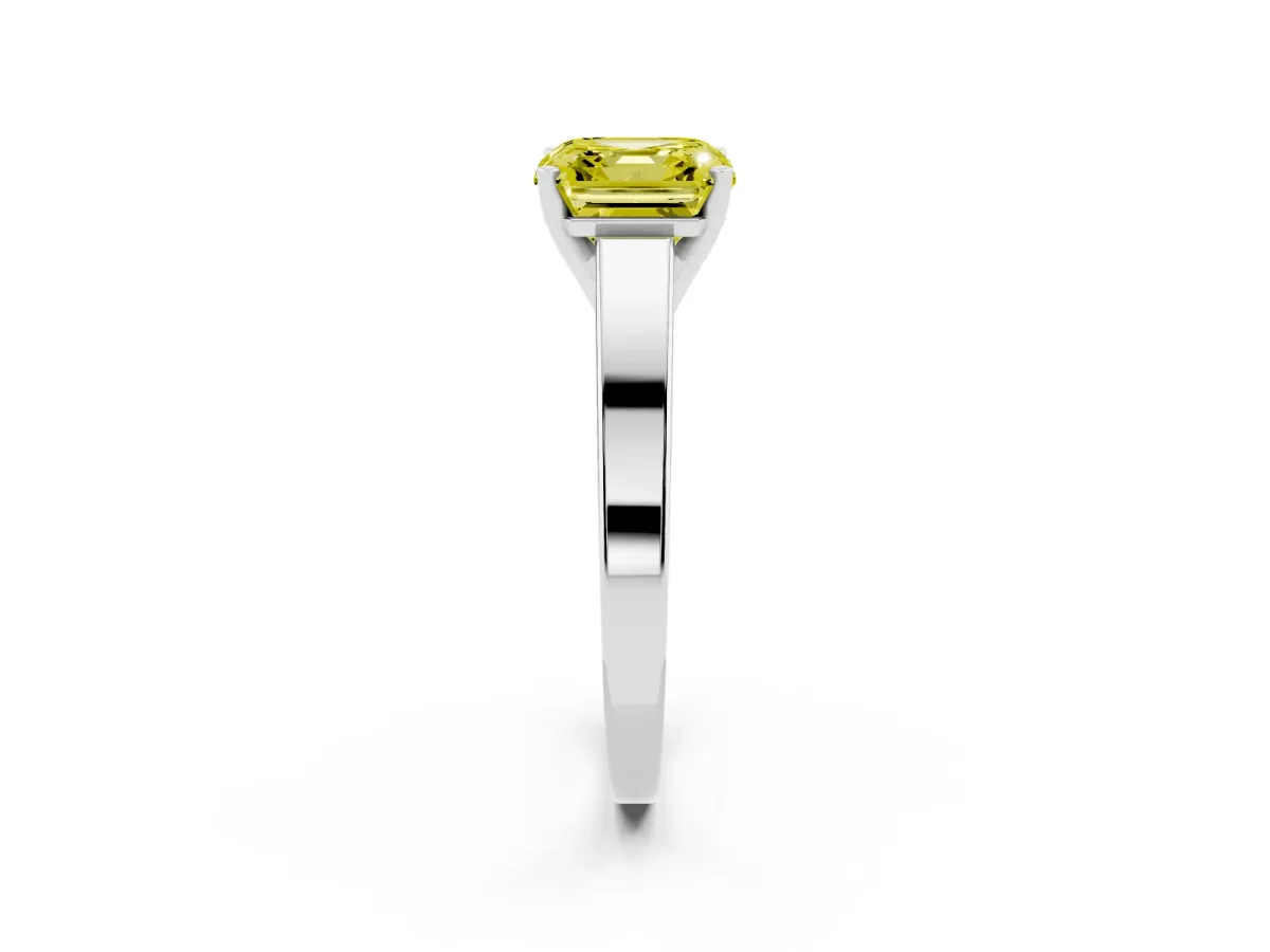 Fancy Yellow Asscher Cut Solitaire Engagement Ring with Four-Prong Setting and Tapered Band Platinum