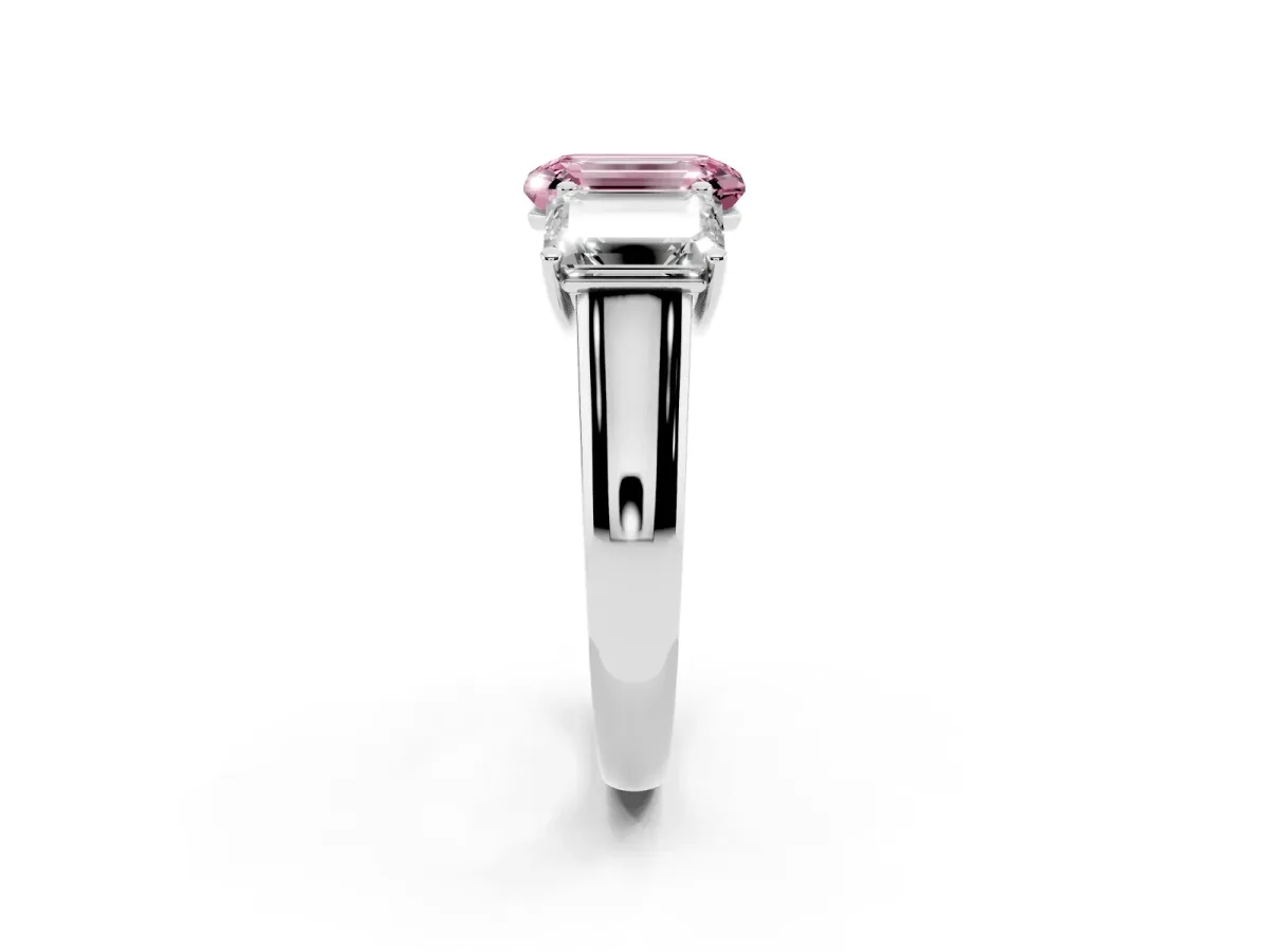 Fancy Pink Emerald Cut Three-Stone Diamond Ring with Prong Setting on a Classic Band Silver