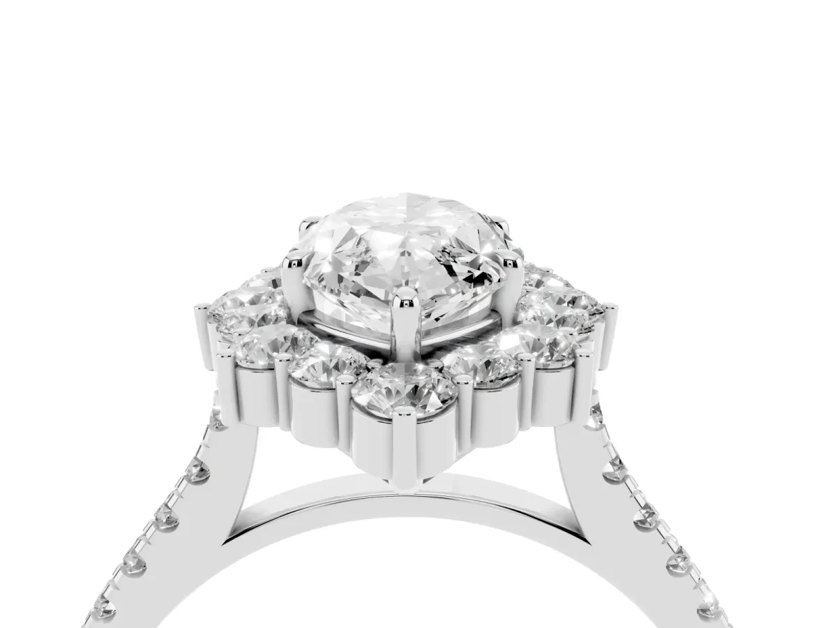 Marquise Cut Halo Diamond Ring with Pavé Band and Prong Setting Platinum
