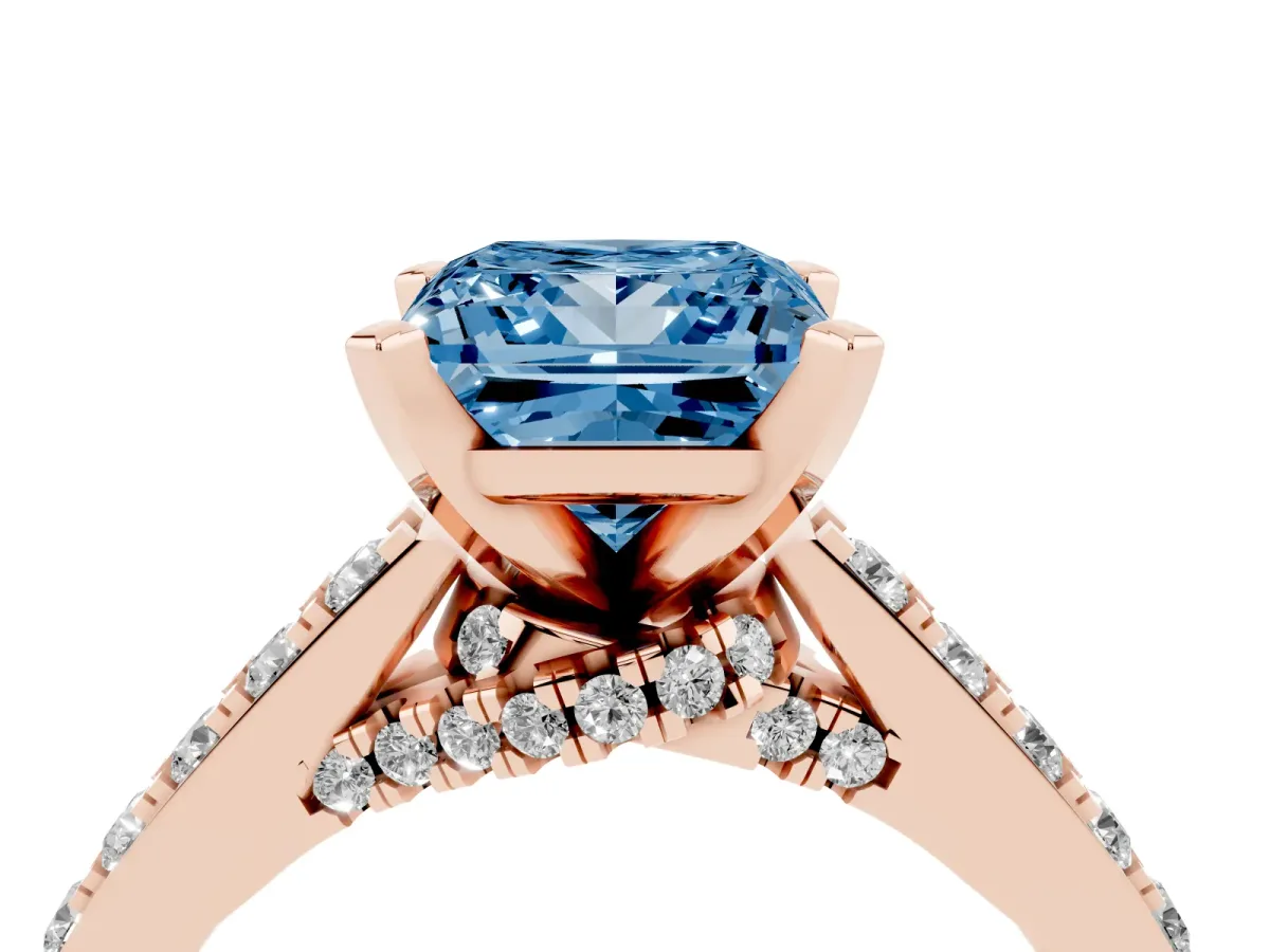 Fancy Blue Princess Cut Diamond Solitaire Ring with Crossover Gallery and Round Pavé Band Rose gold